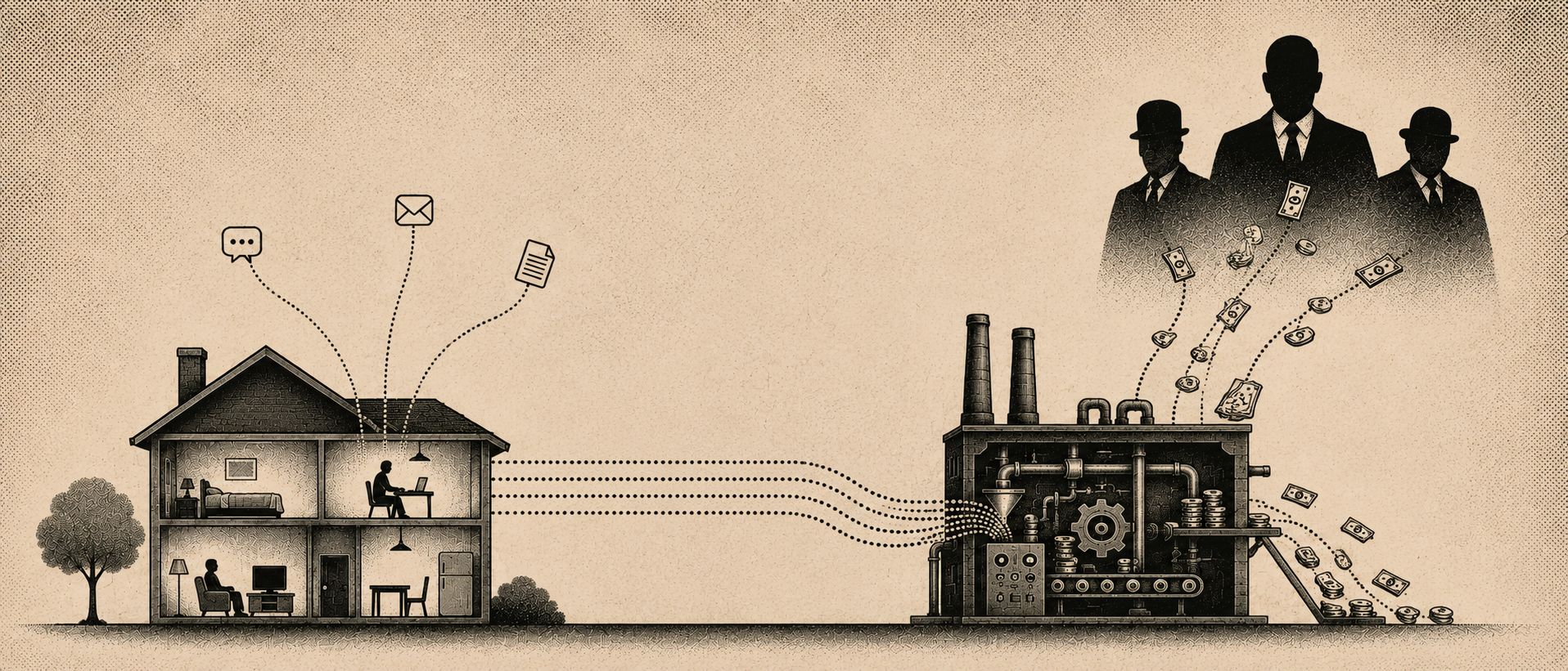 Illustration of personal data flowing from a home into a profiling machine