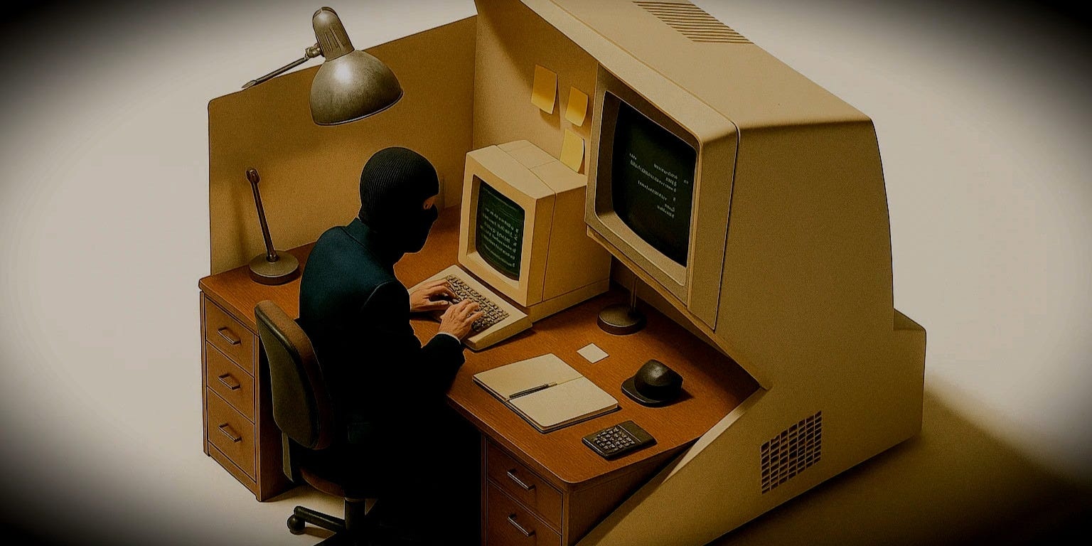 Vintage computer desk illustration for My First Linux Mess